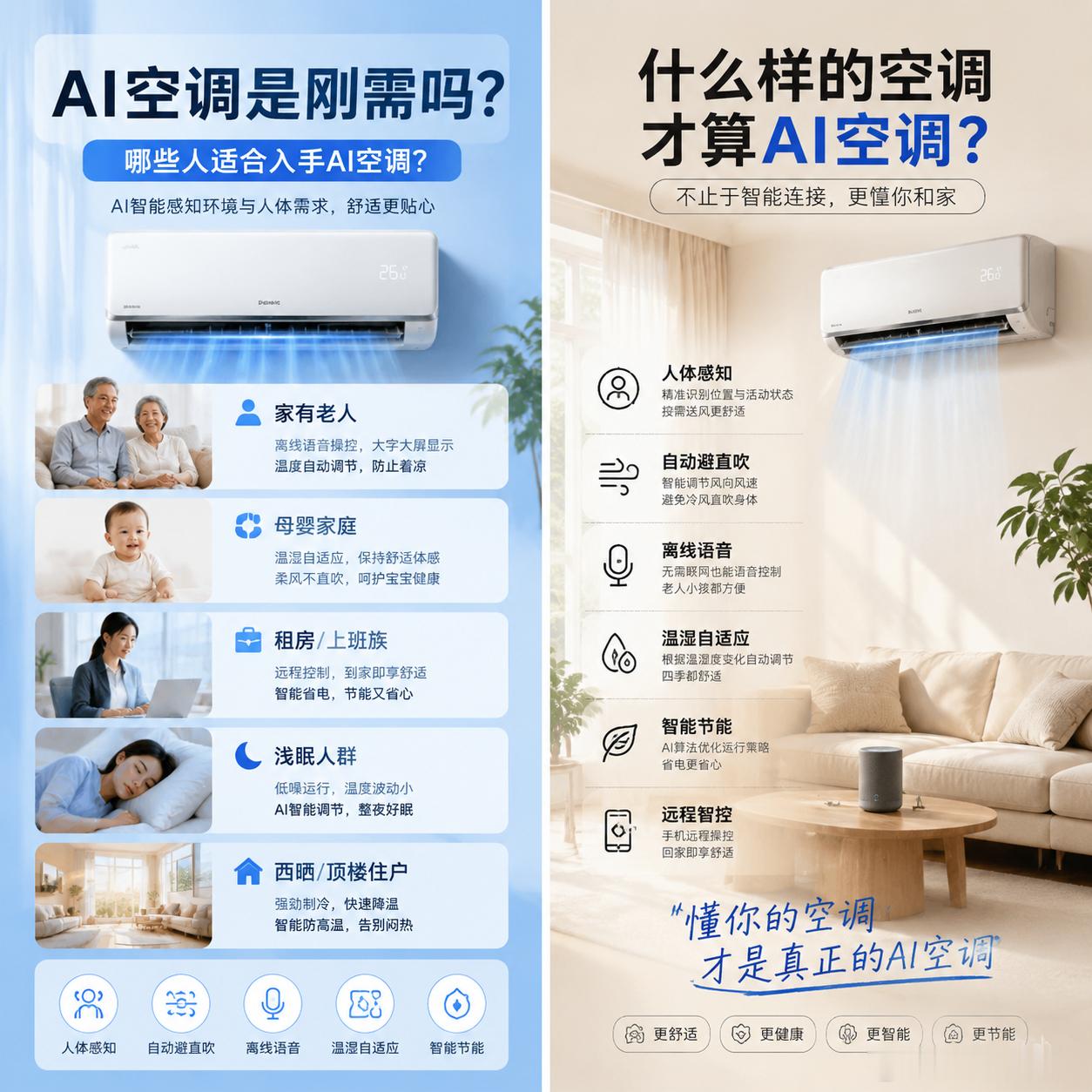 AI空调是不是刚需，其实看生活场景。对老人、母婴、浅眠人群和西晒顶楼住户来说，自