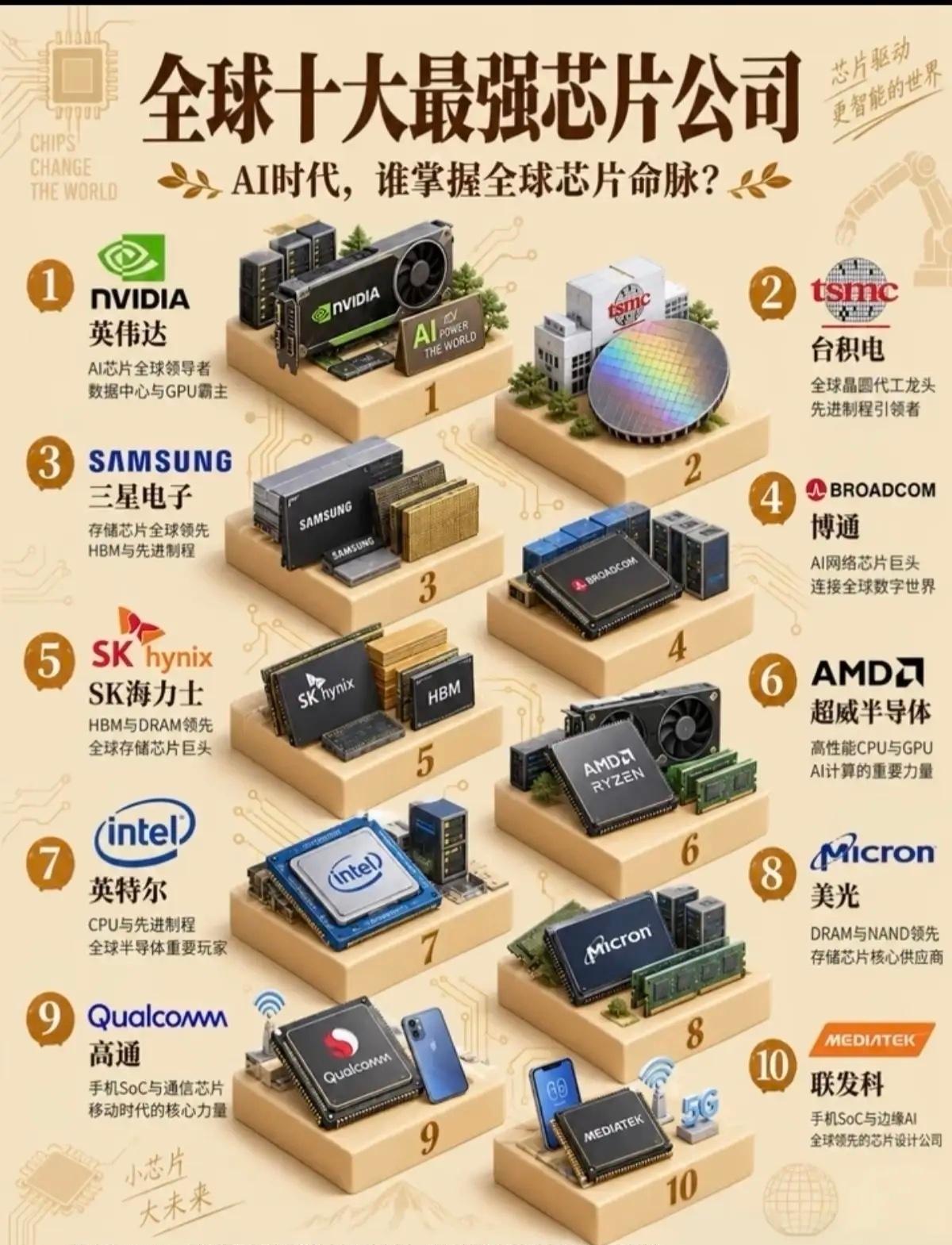全球十大最强芯片公司｜图片通俗解读
 
主题：AI时代，谁掌握全球芯片命脉
 