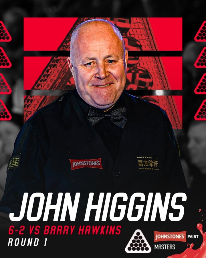 整整齐齐！希金斯击败霍金斯进大师赛8强 首轮至今6场全部是6-2！