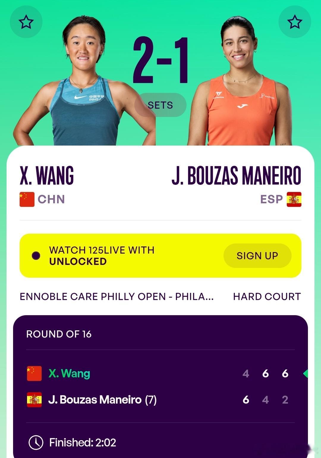 WTA125费城站🇺🇸女单第2轮王曦雨🇨🇳4-6/6-4/6-2逆转战胜