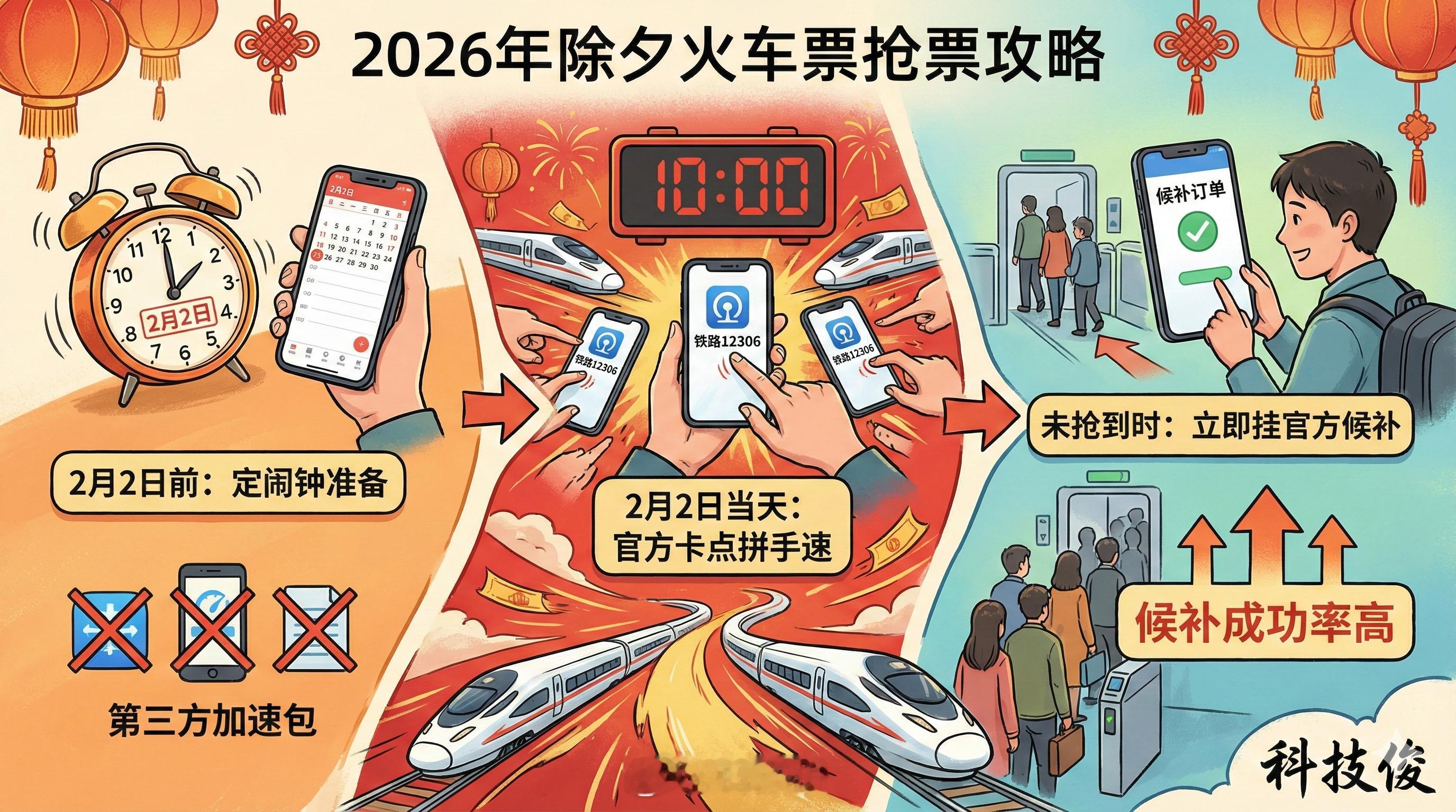 除夕火车票2月2日开售2月2日就能抢除夕当天的票。哪怕现在有各种加速包，我觉得最