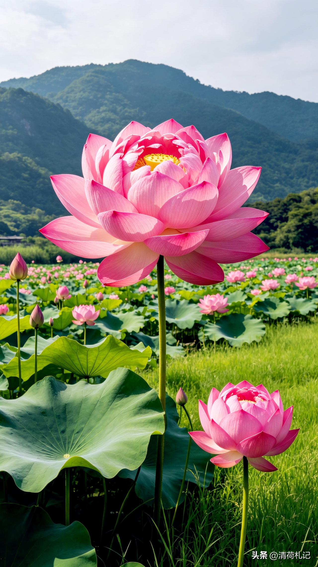 盛夏清梦，粉瓣叠云，在远山如黛的怀抱里，静静绽放成一首关于夏天的诗。山风轻拂，荷