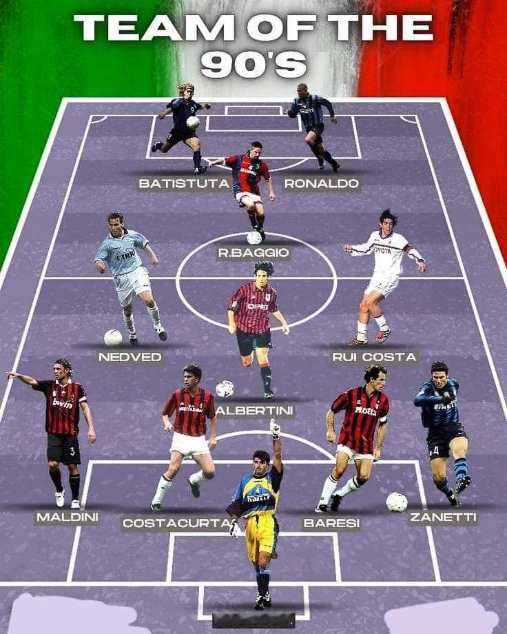 90年代意甲最佳阵容？这一看就是米兰球迷。首先后腰位置阿尔贝蒂尼、中后卫科斯塔库