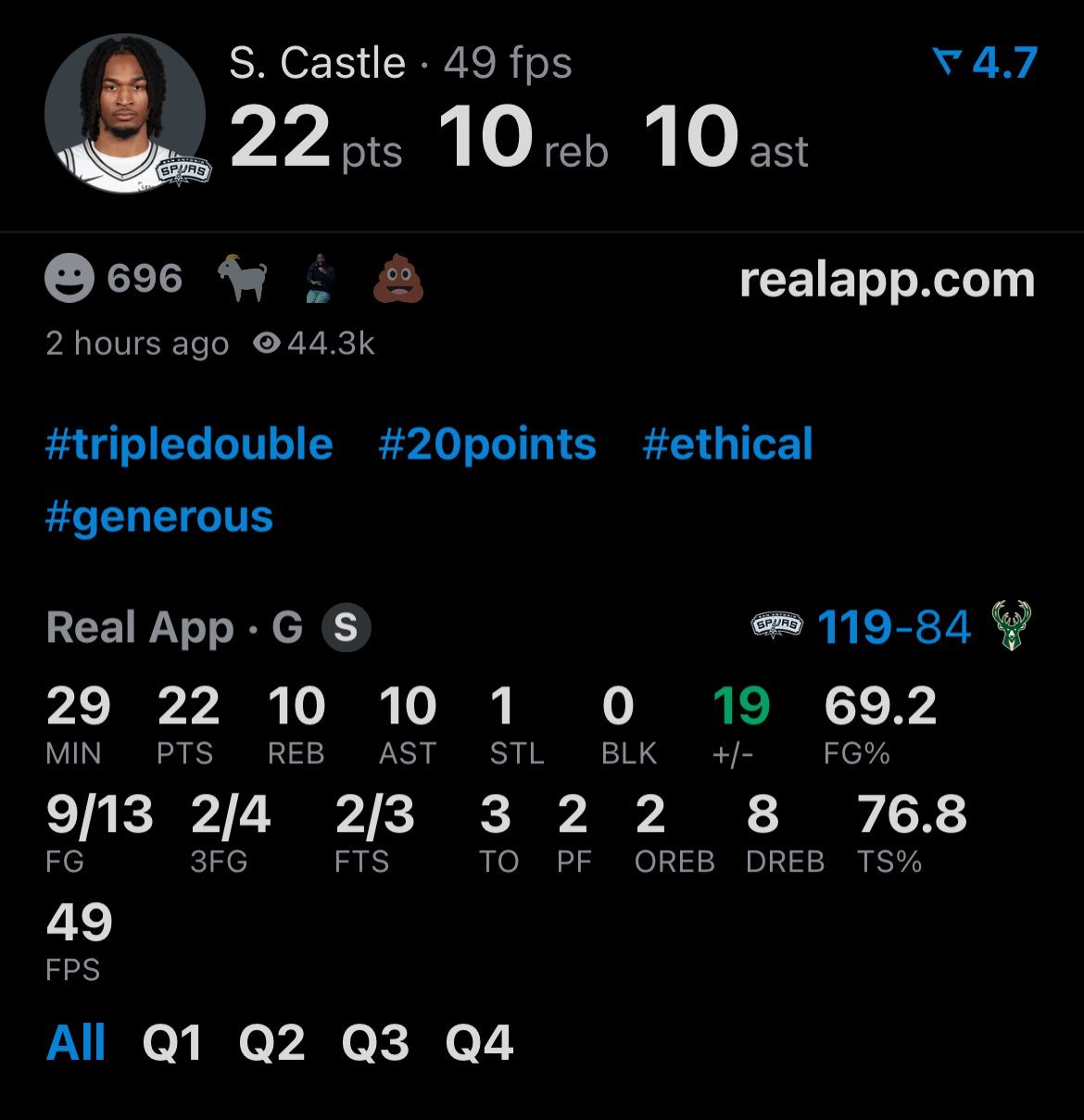 卡斯尔本赛季第四次三双！！🏰马刺vs雄鹿