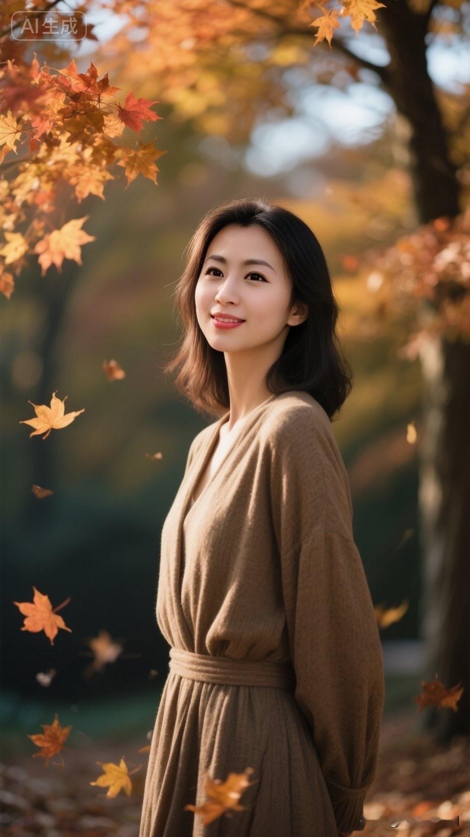 秋日暖阳下，落叶纷飞，微笑的少女，宛如一幅画卷。