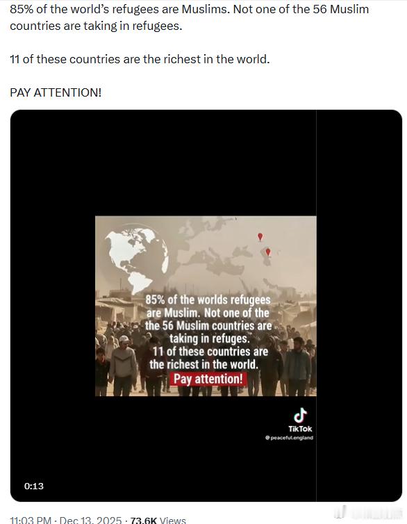 世界上85%的难民是穆斯林。在56个穆斯林国家中，没有一个在接收难民。其中有11