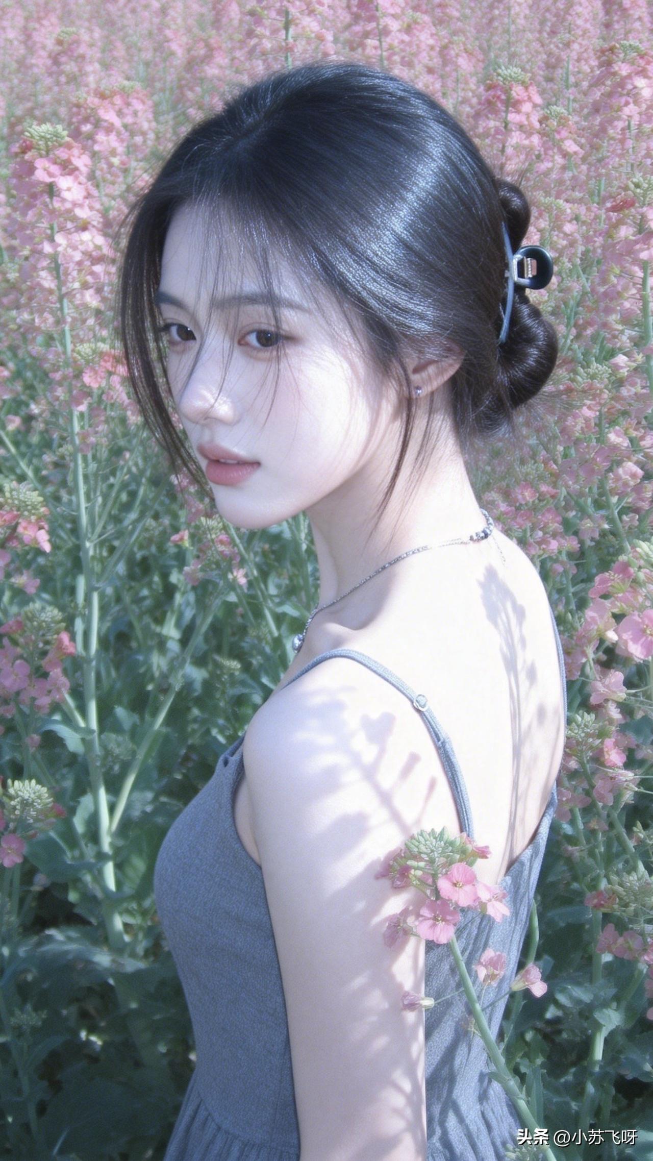 ： “女儿倚花意嫣然，浅笑盈盈不是仙；花丛深处香盈秀，诗韵轻扬梦亦甜。”