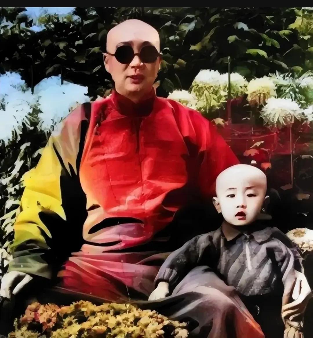 1909年，太监总管“小德张”和儿子，留下的一张合影，照片中的他戴着墨镜，看起来