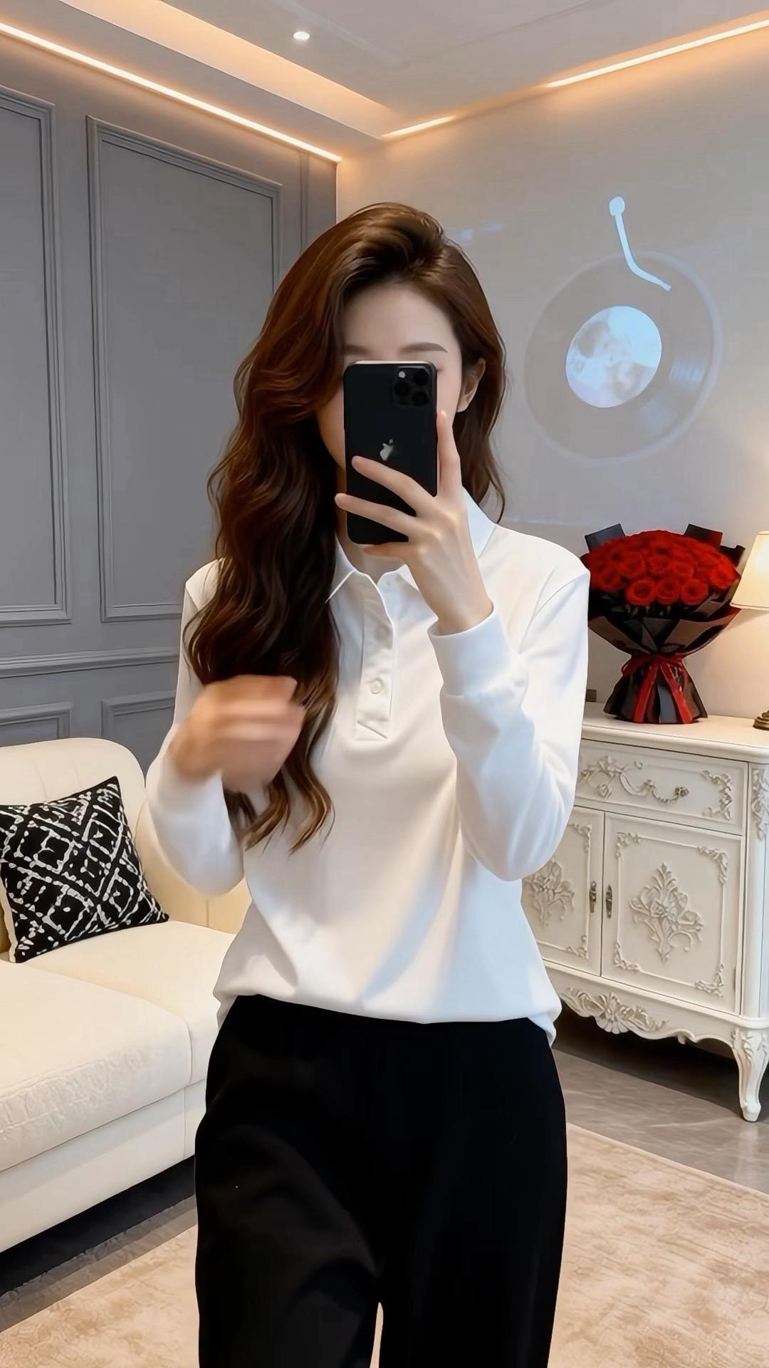 翻领外穿打底衫 打底衫女款纯白色 显瘦气质polo衫 打底女恤衫 polo衫女装