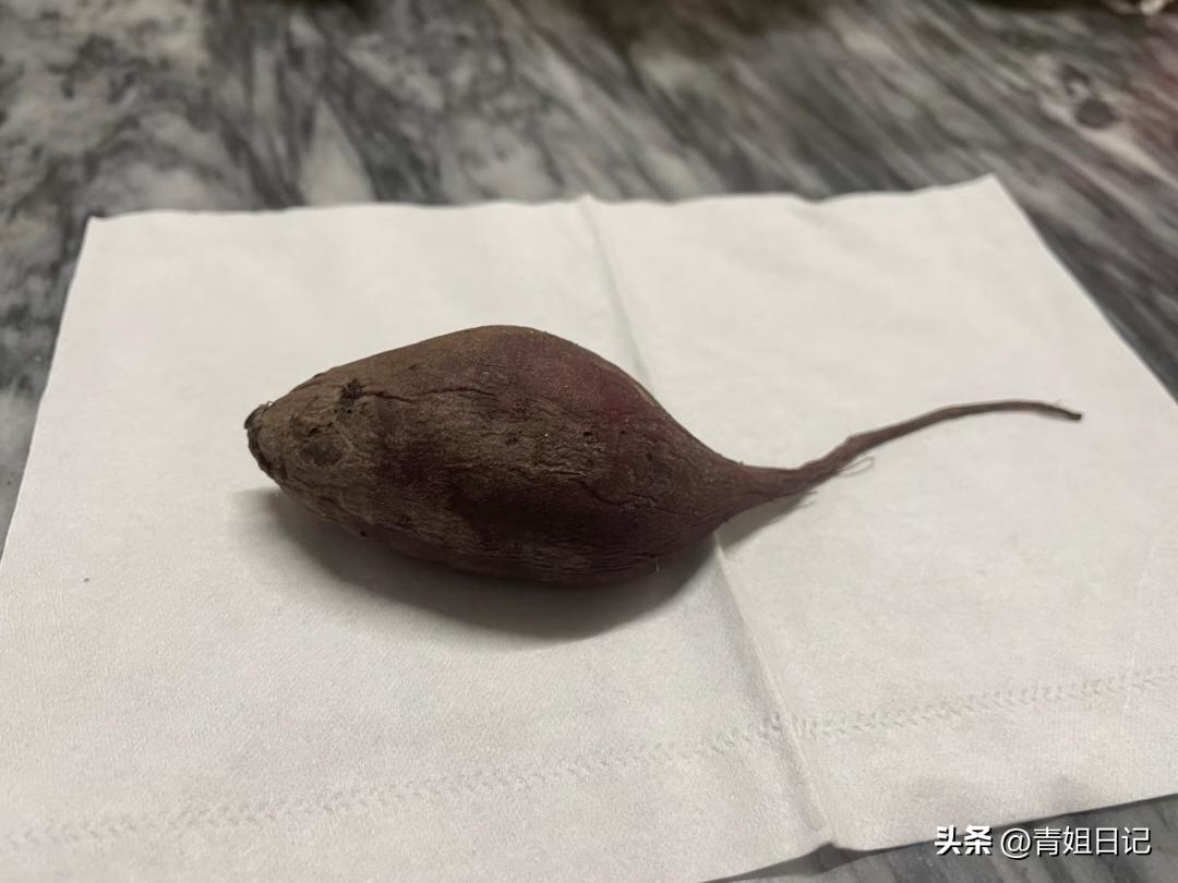 挖到个长相很有个性的紫薯，尾巴长长的。
农家种出来的就是这样，外形不完美，口感却