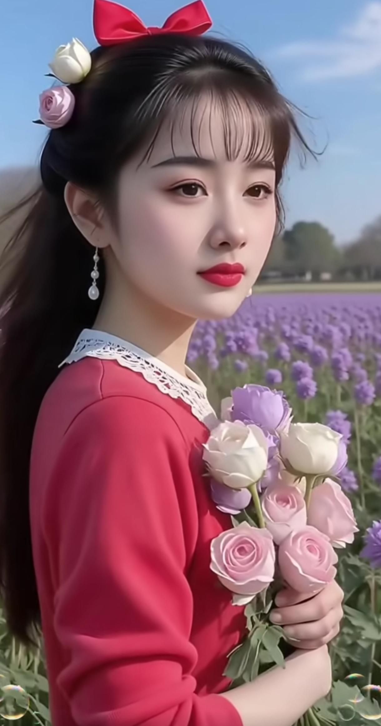 春日花海中的少女，手持粉色玫瑰，红衣飘逸，宛如童话里的公主。清纯甜美的样子漂亮吗