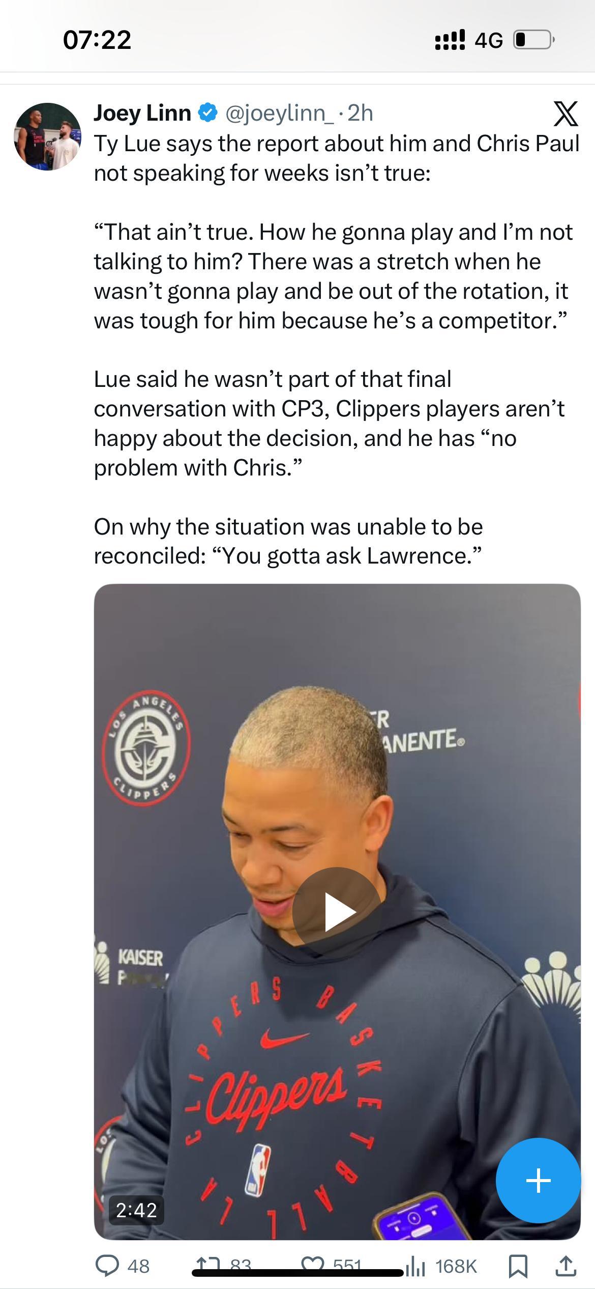 泰伦·卢表示，关于他和克里斯·保罗数周没有交谈的报道不属实：“那不是真的。他要上