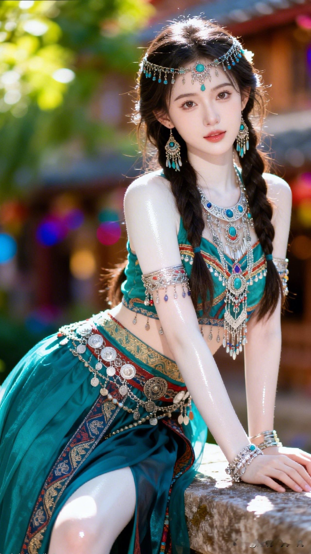 异域风情少女，惊艳的蓝绿色长裙，精致的配饰，让人仿佛置身于梦幻世界。女生自拍怎么