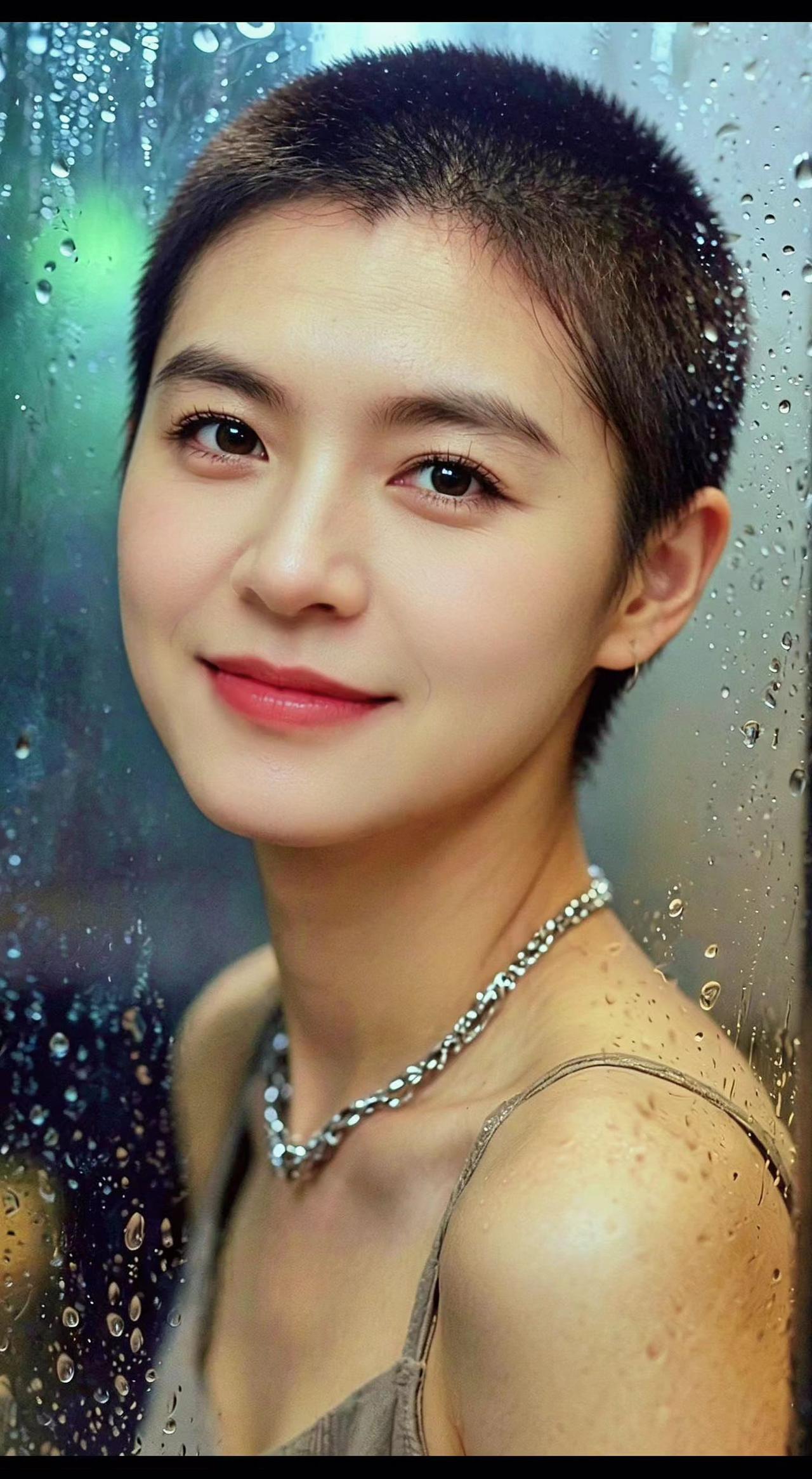 💧雨珠吻过玻璃，短发是黑夜裁的光✨。锁骨链晃成银河，温柔是带刺的玫瑰。