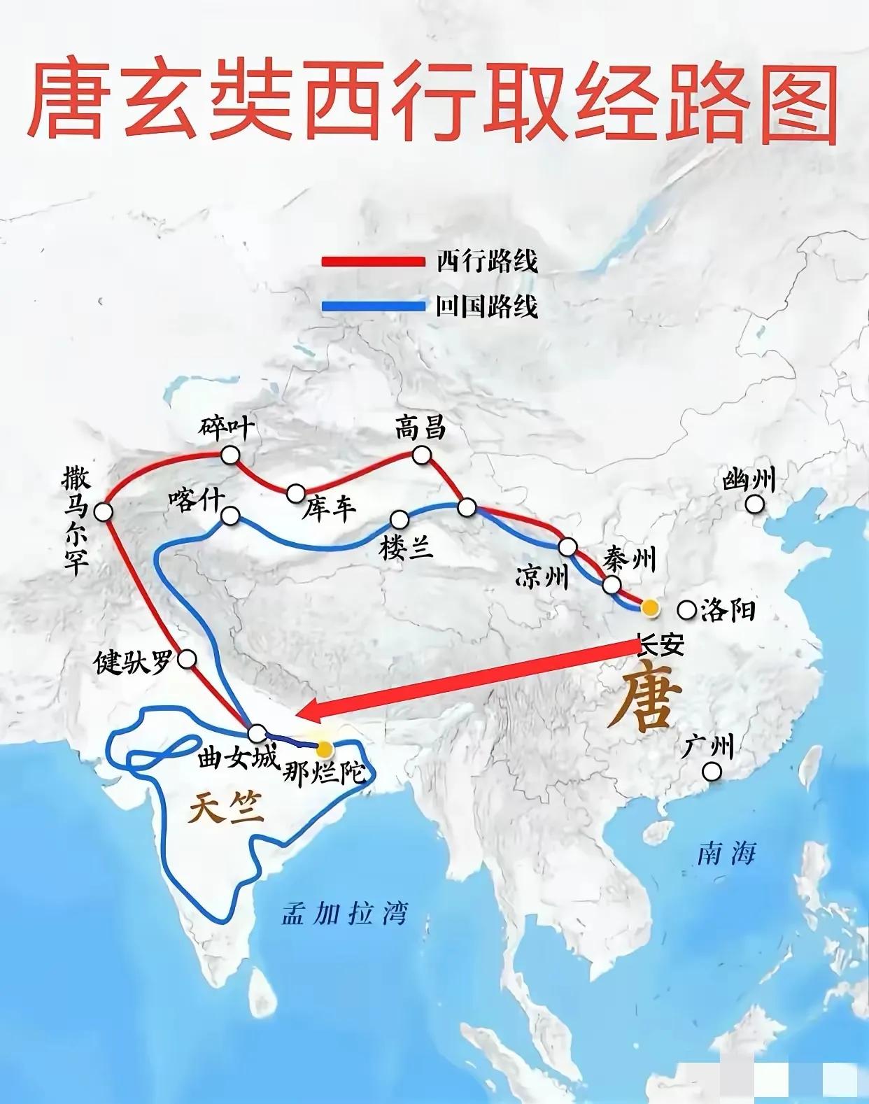 这是唐玄奘西天取经路线图，有人疑惑为何不按红色箭头路线走，那样路程可减少三分之二