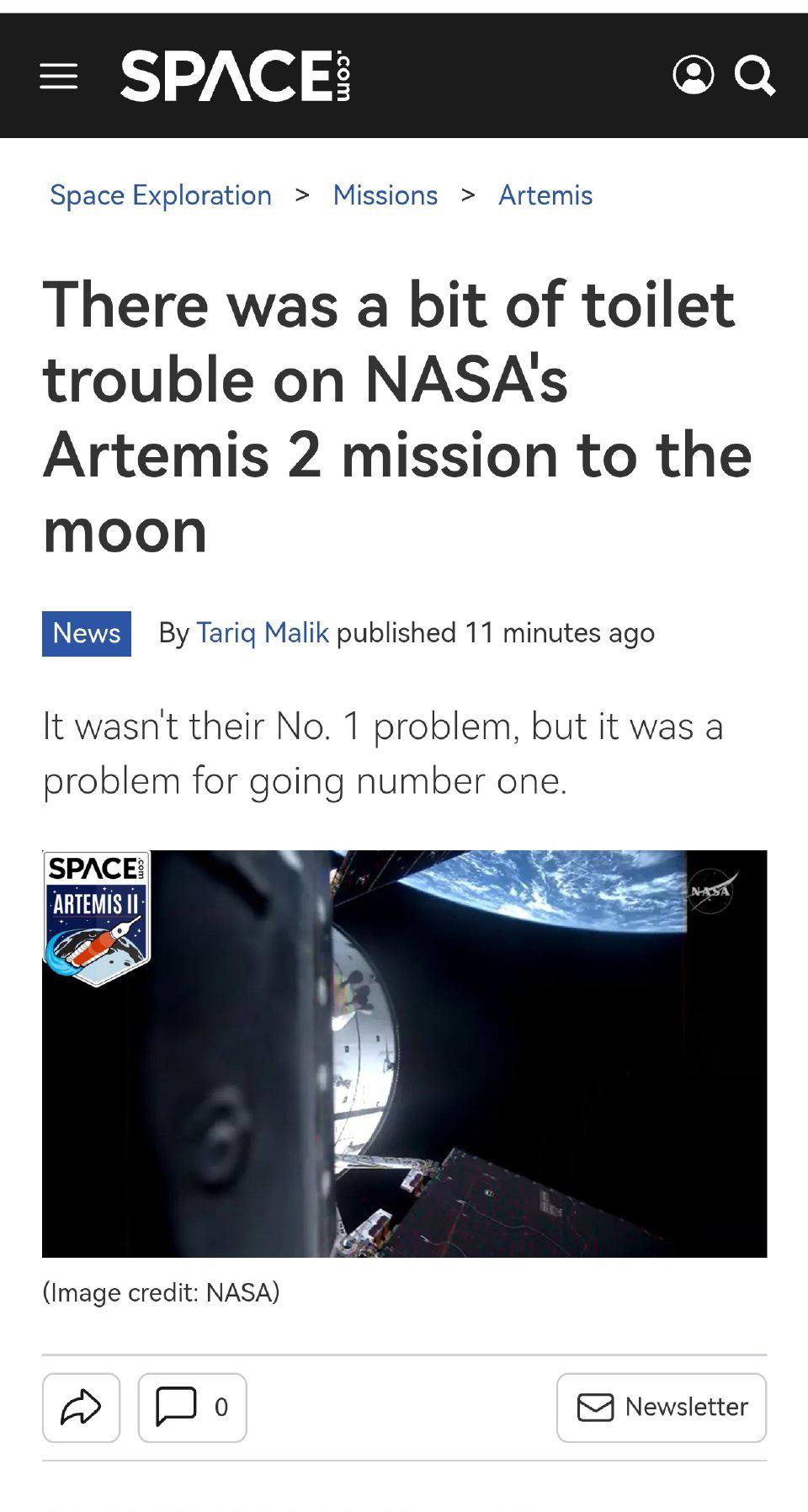 近日阿尔忒弥斯2号飞向月球，但飞船上的厕所却堵了。

4月1日发射成功，四名宇航