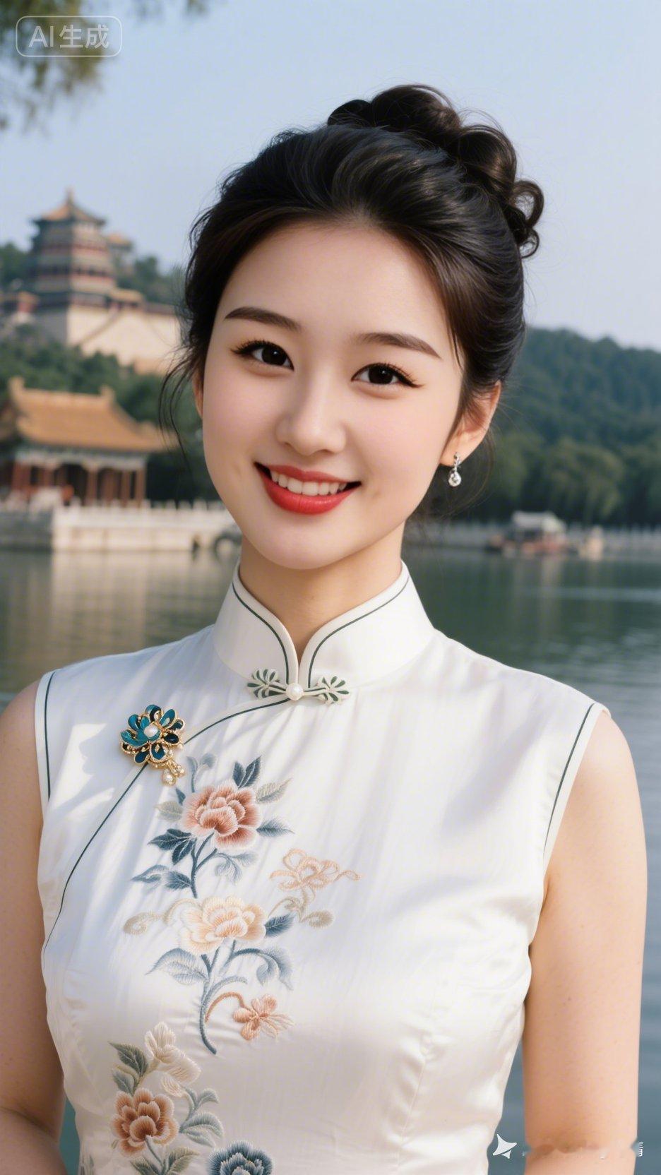 中国微胖绝色佳人，身形凹凸黄金比例，笑颜明媚。大眼精致，肌肤透亮，着雪白四大名绣