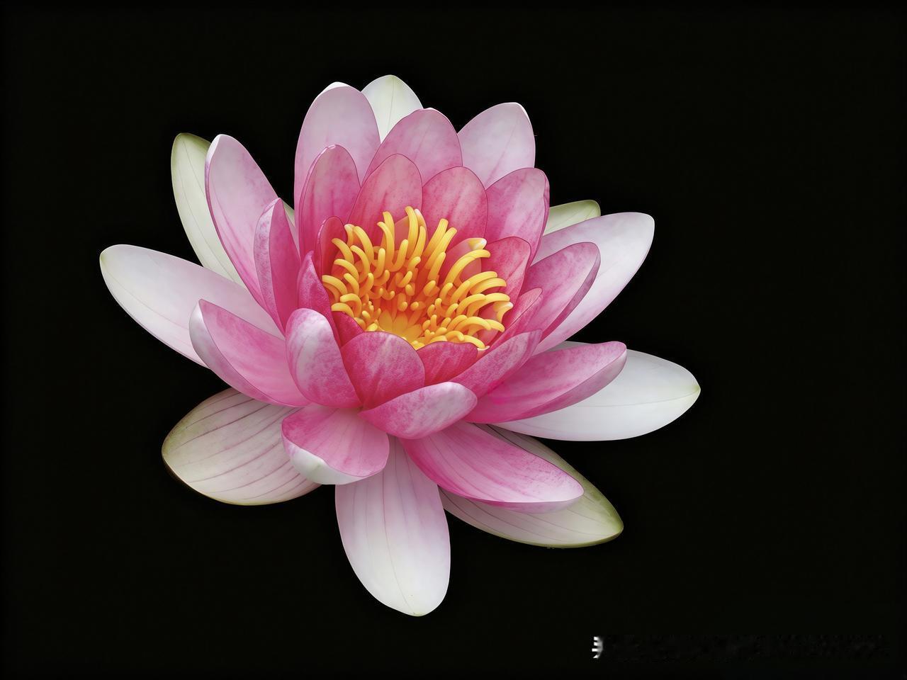 夏日生活打卡季纯粹的黑底衬得睡莲愈发温婉通透，粉白花瓣层层舒展，明黄花蕊澄澈明亮