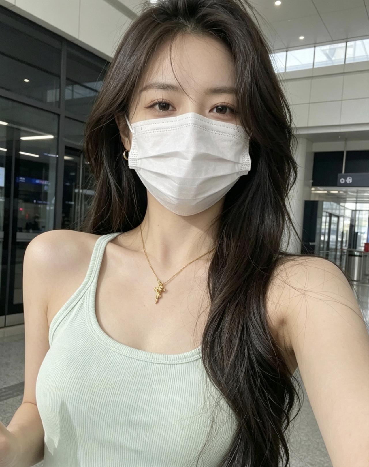 口罩下的清新面孔，绿背心与长发的完美搭配，时尚又健康！