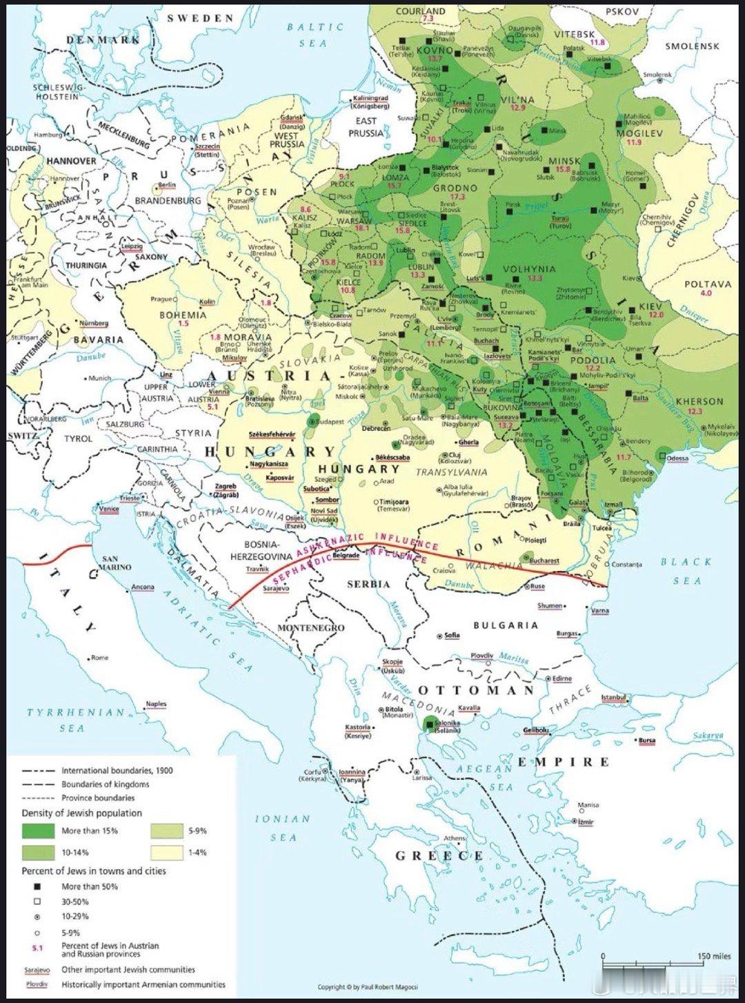 下图反映了沙皇俄国时期，东欧地区犹太人密度情况，可以清晰发现，俄罗斯对犹太人是相