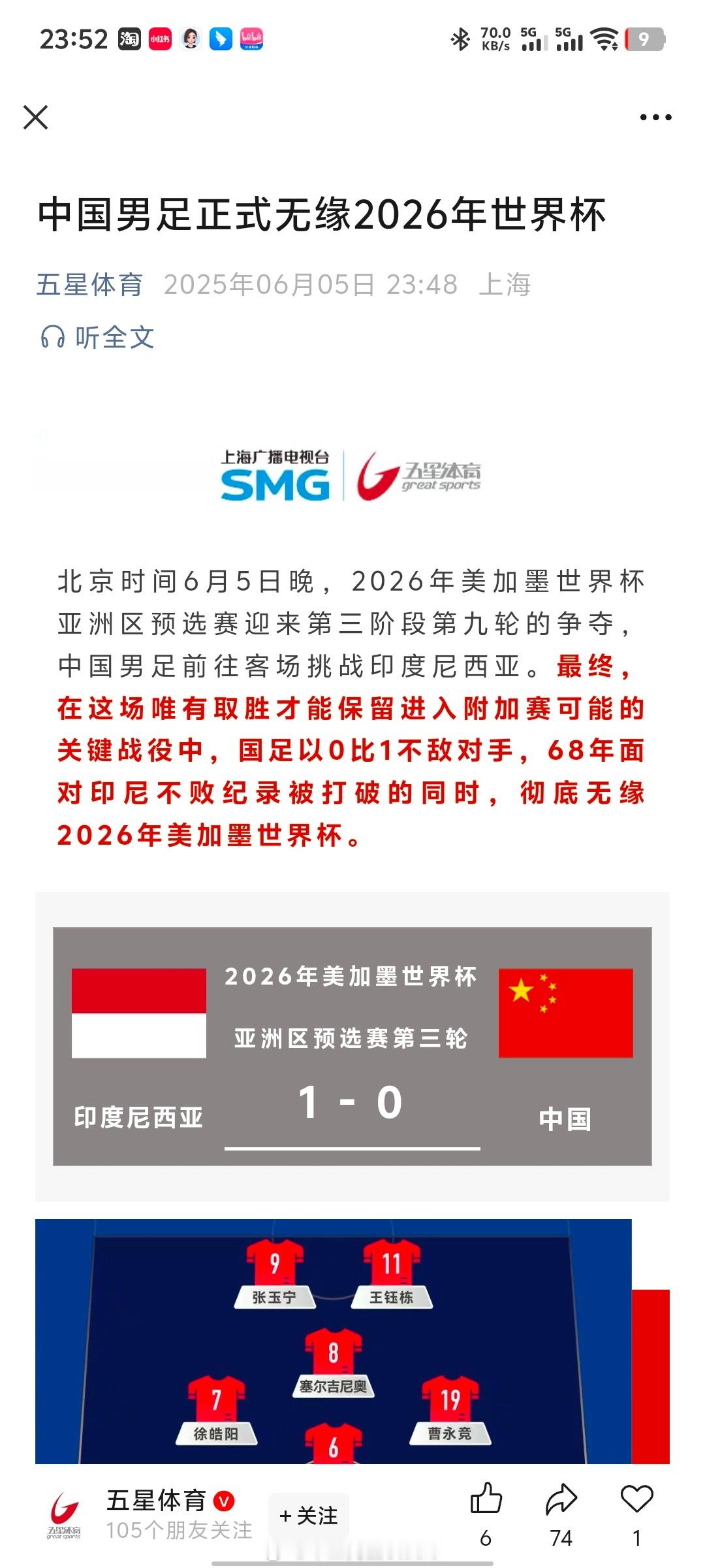 国足vs印尼 五星新闻稿发的真快，也真损，打破了面对印尼68年的不败纪录[偷笑]