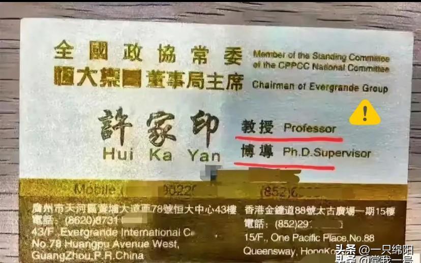 许家印的名片只写了四个头衔：全国政协常委、董事局主席、武汉科技大学管理学教授，博