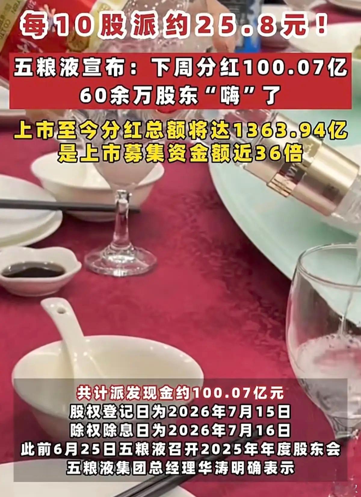 这标题也是很会带节奏啊，说五粮液下周分红100亿，60万股东要hi了，请问怎么h
