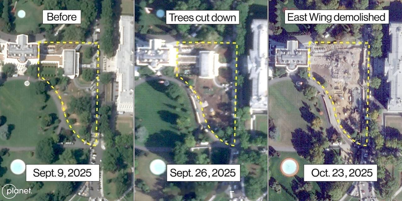 为特朗普的白宫宴会厅让路，拆迁队已将肯尼迪花园夷为平地，至少两棵百年纪念树被砍掉