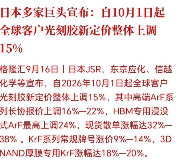 10月1日起，光刻胶又要涨价了，而且高端产品涨得比普通产品凶得多。
多家媒体9月