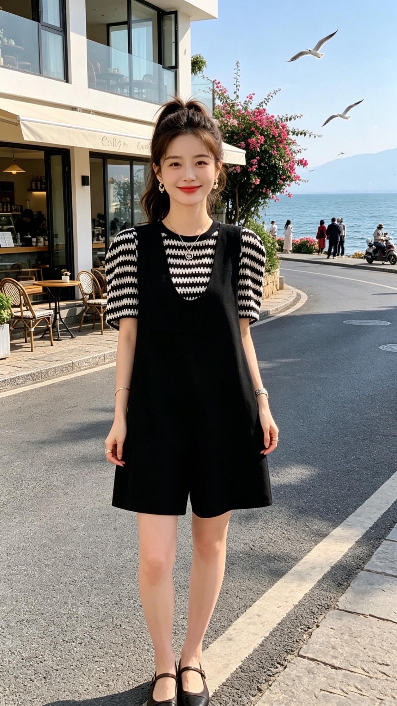 条纹背带休闲套装 洋气减龄 谁穿谁好看