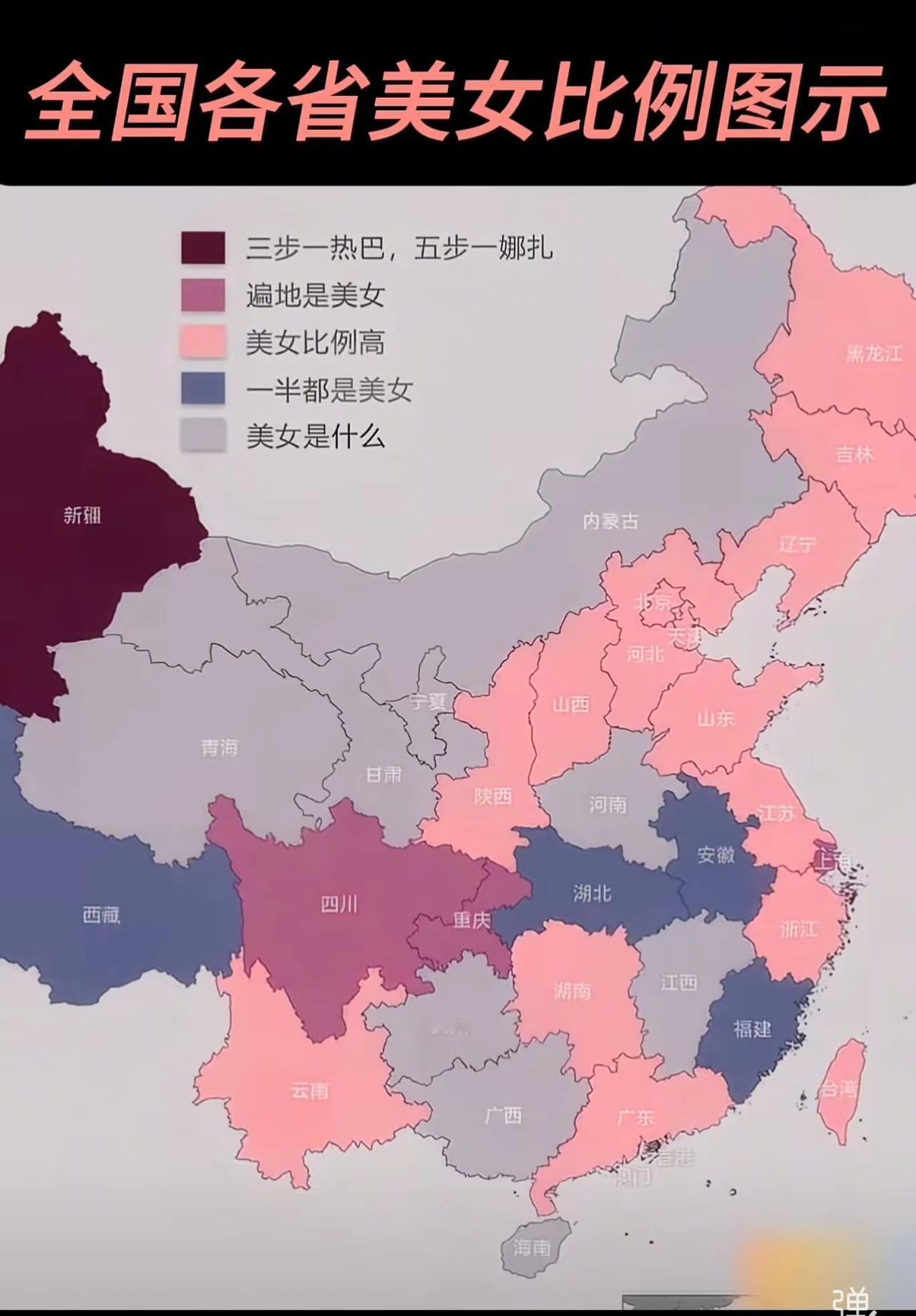 这张带有娱乐化、戏谑性质的伪地图，通过颜色分级（如“三步一热巴，五步一娜扎”“遍
