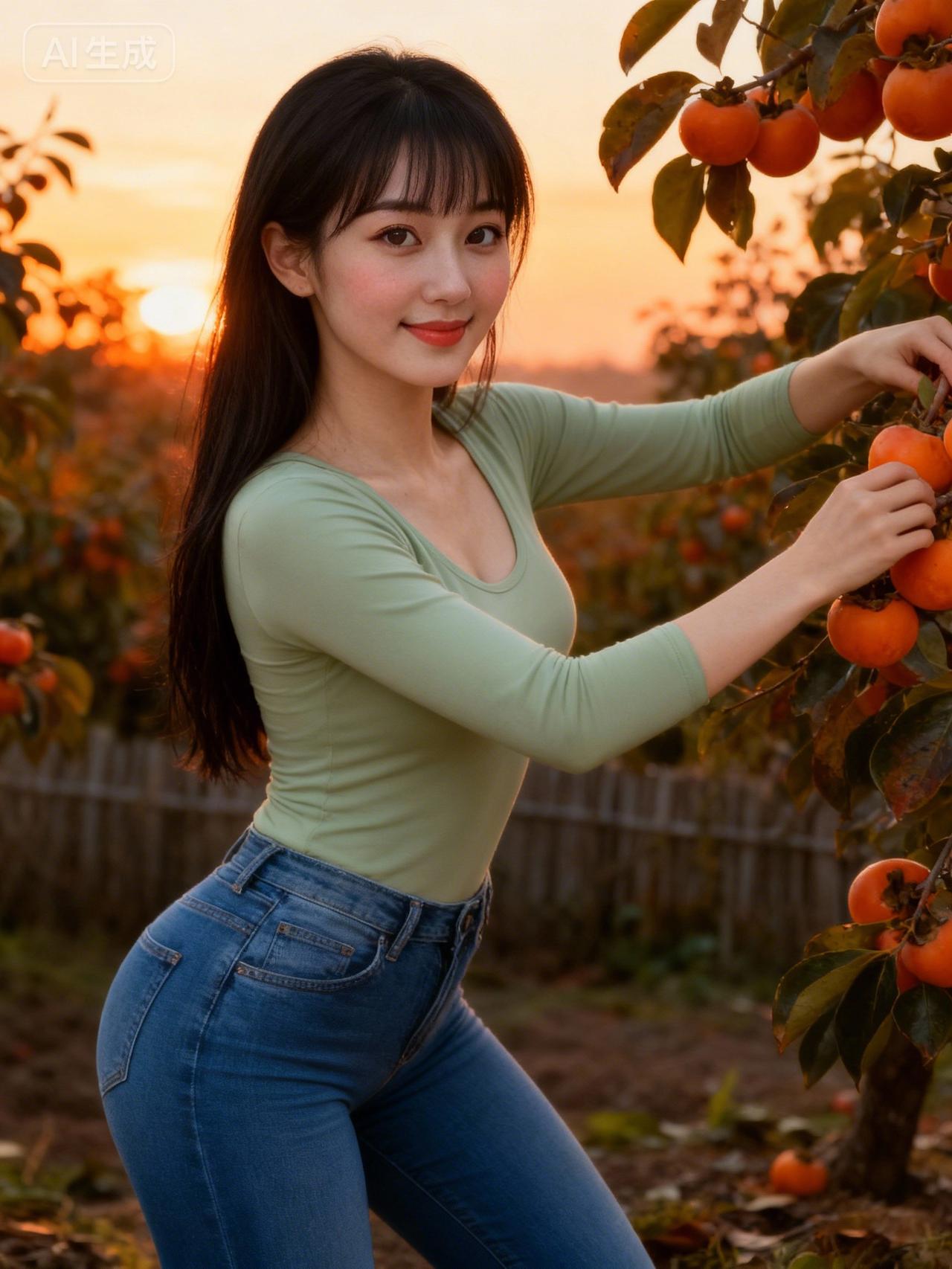 夕阳下的果园，采摘甜美橘子，享受自然美好时光。🍊🌅