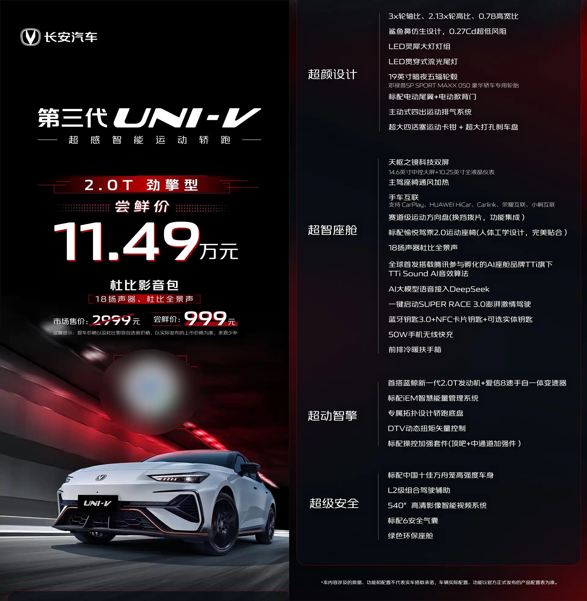 第三代长安UNI-V开启预售，尝鲜价11.49万[喵喵]新车对外观设计进行了大幅
