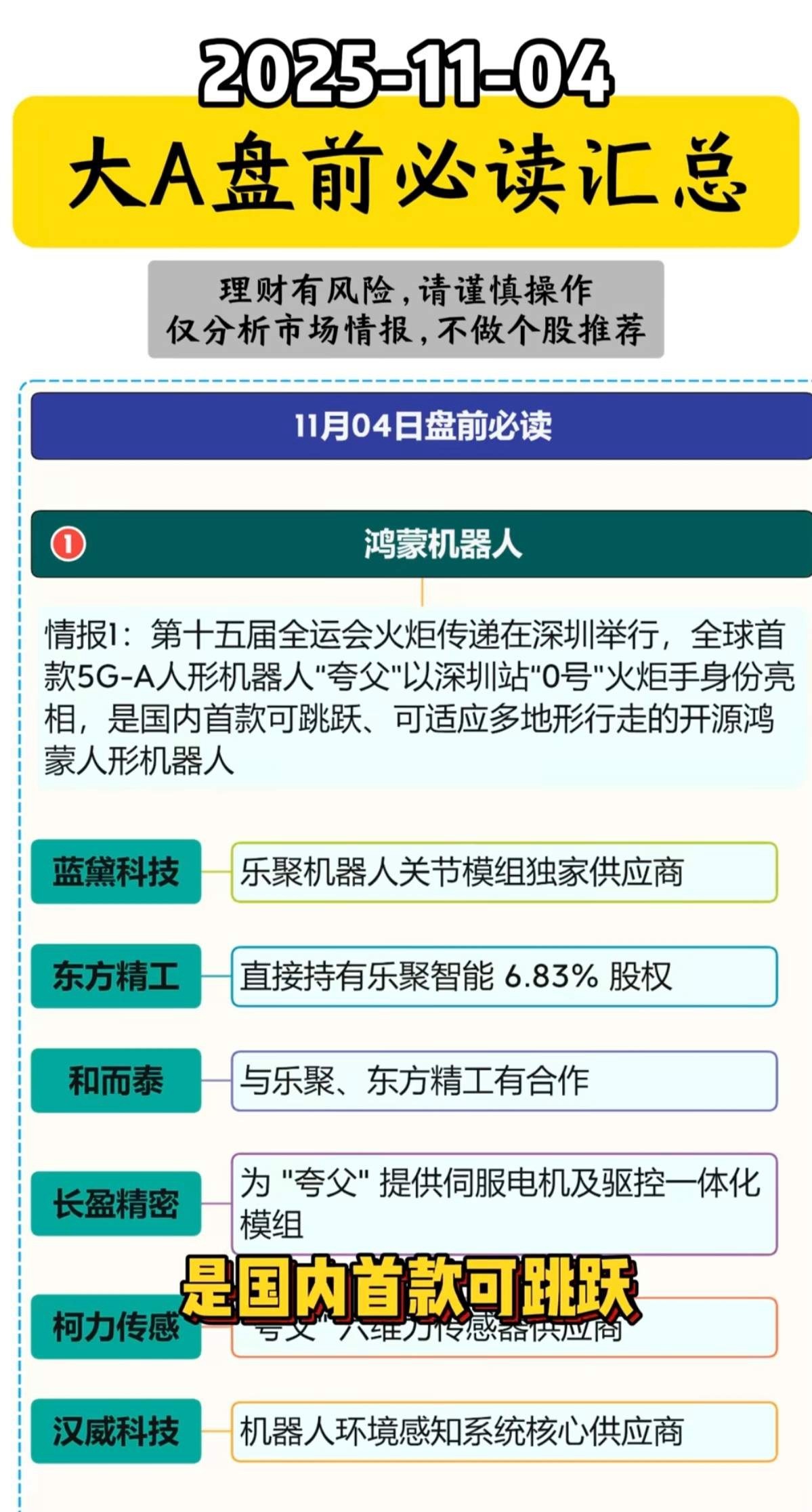 11-04 周二   大A盘前必读汇总！1.鸿蒙机器人2.乐聚机器人3.存储芯片