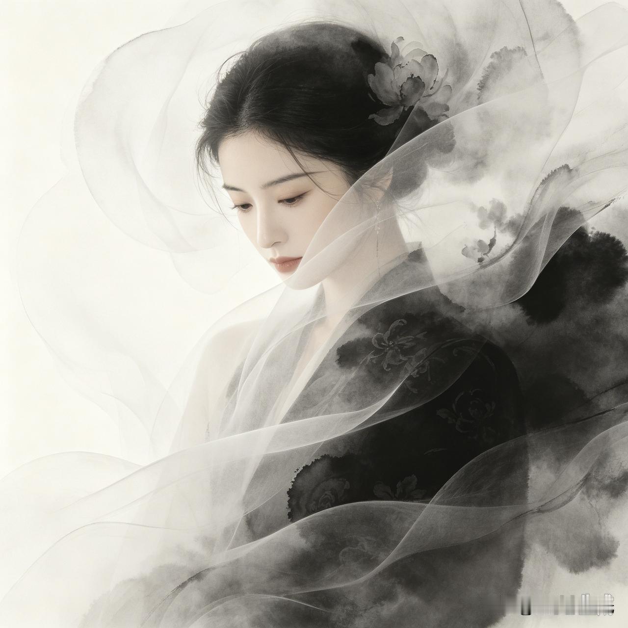 东方美学丨墨色漫染衣袖，薄纱随风缓缓流转。人与花融于水墨之间，眉眼含淡淡清愁，烟