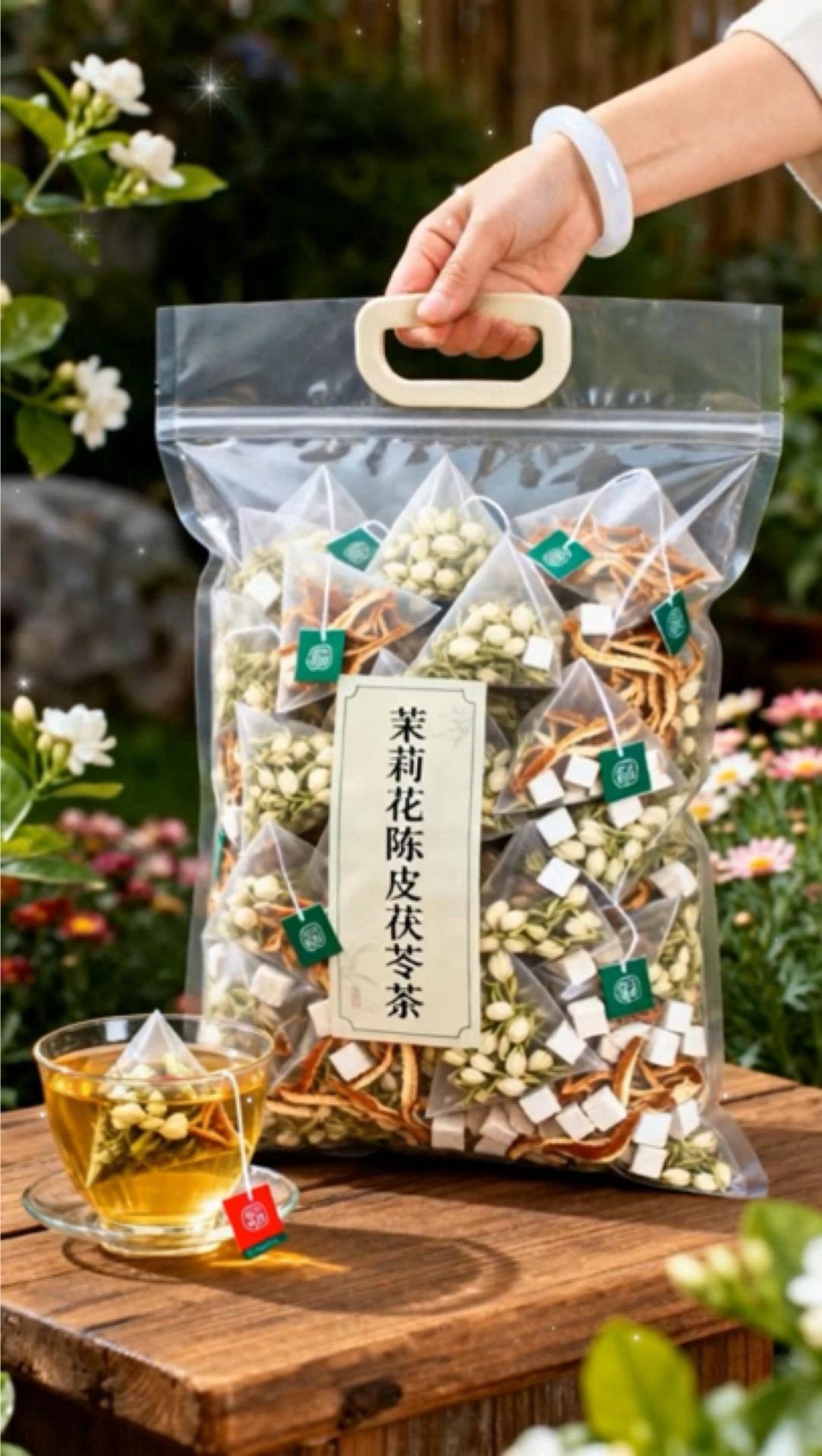 给自己的水杯换上新口味啦🍵茉莉搭配陈皮、茯苓调配而成，拆开茶包能够直...