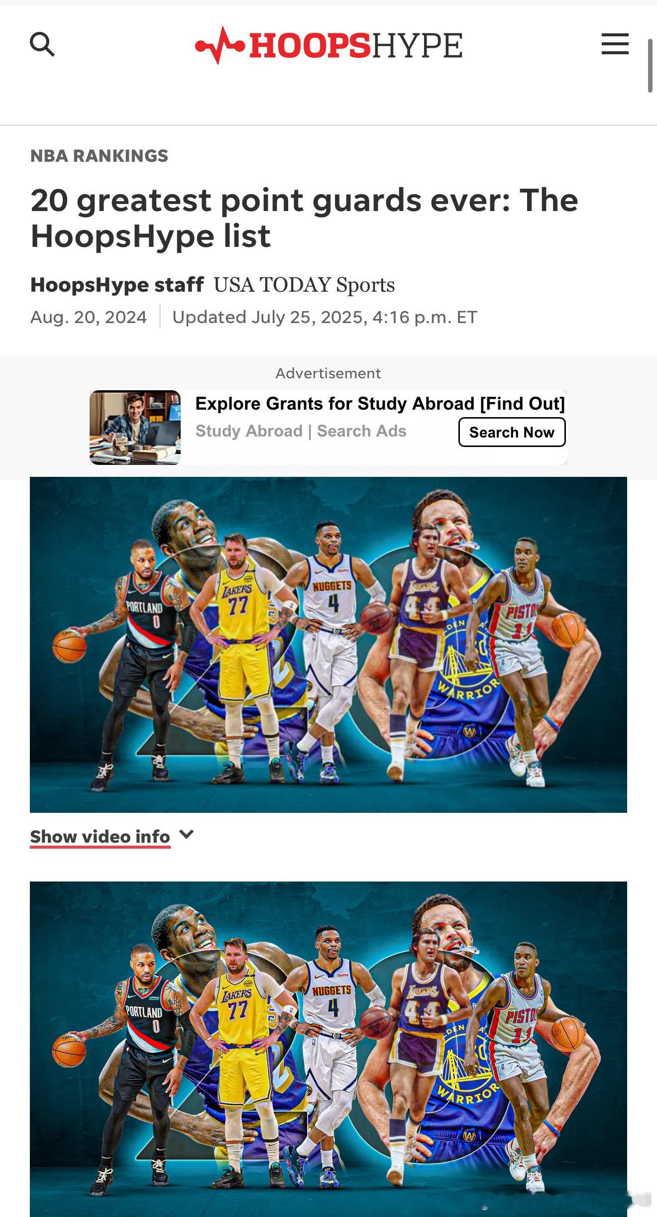 美媒Hoops Hype评选历史最伟大的20大控卫，前十分别是：1、魔术师约翰逊