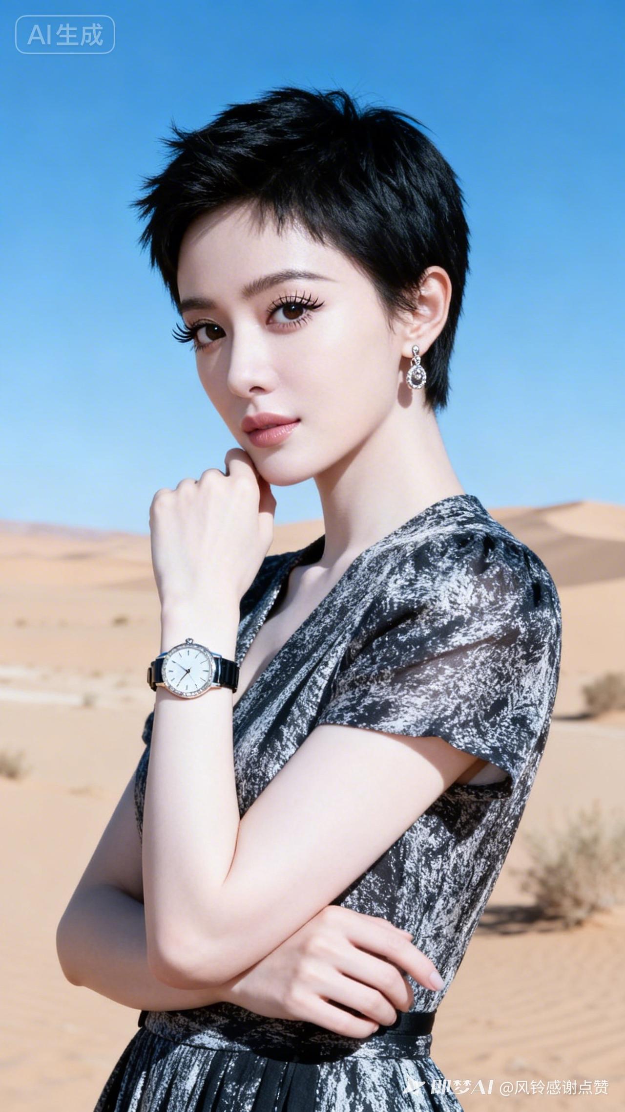 沙漠中的时尚女王，黑发红唇，尽显优雅与自信。