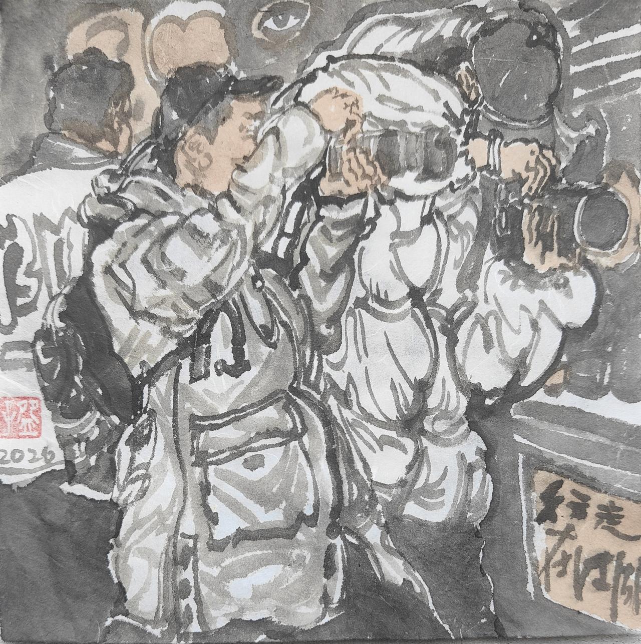 碗子的纸片水墨《步行街No7》
我们既是生活的参与者，也是自己生活的旁观者，甚至