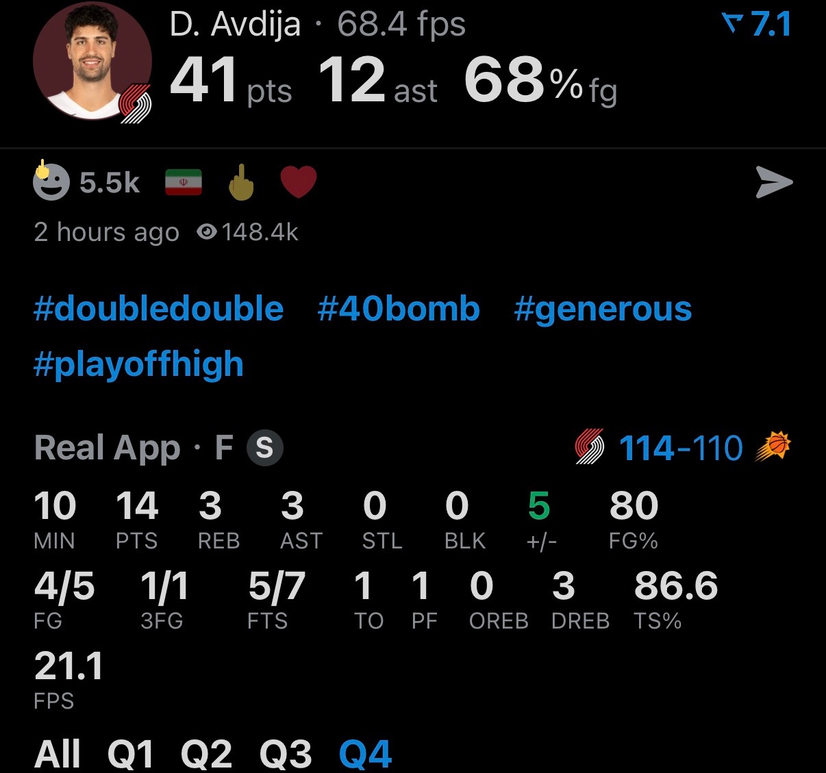 阿夫迪亚全场41分7篮板12助攻2盖帽，正负值+13。比赛第四节，他用一次次突破