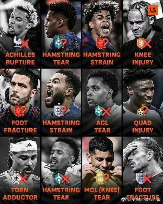 13位名将预计因伤缺席世界杯世界杯日益临近，近期却有多名球员遭受重伤，预计无缘世