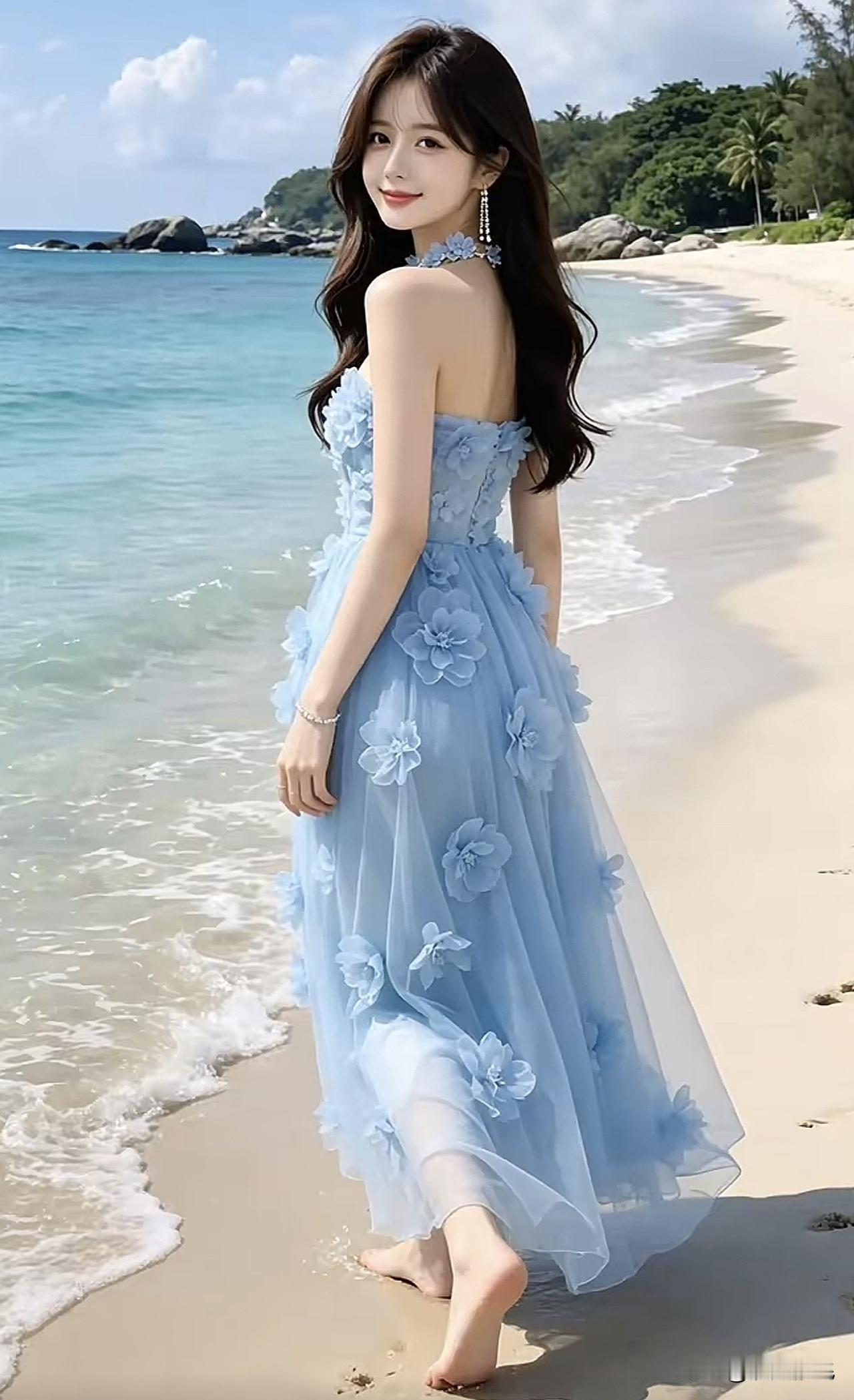 海边漫步，浅蓝色花裙飘飘，享受阳光与海风。海边白裙随拍 海边白裙穿搭 浅绿鸢尾度