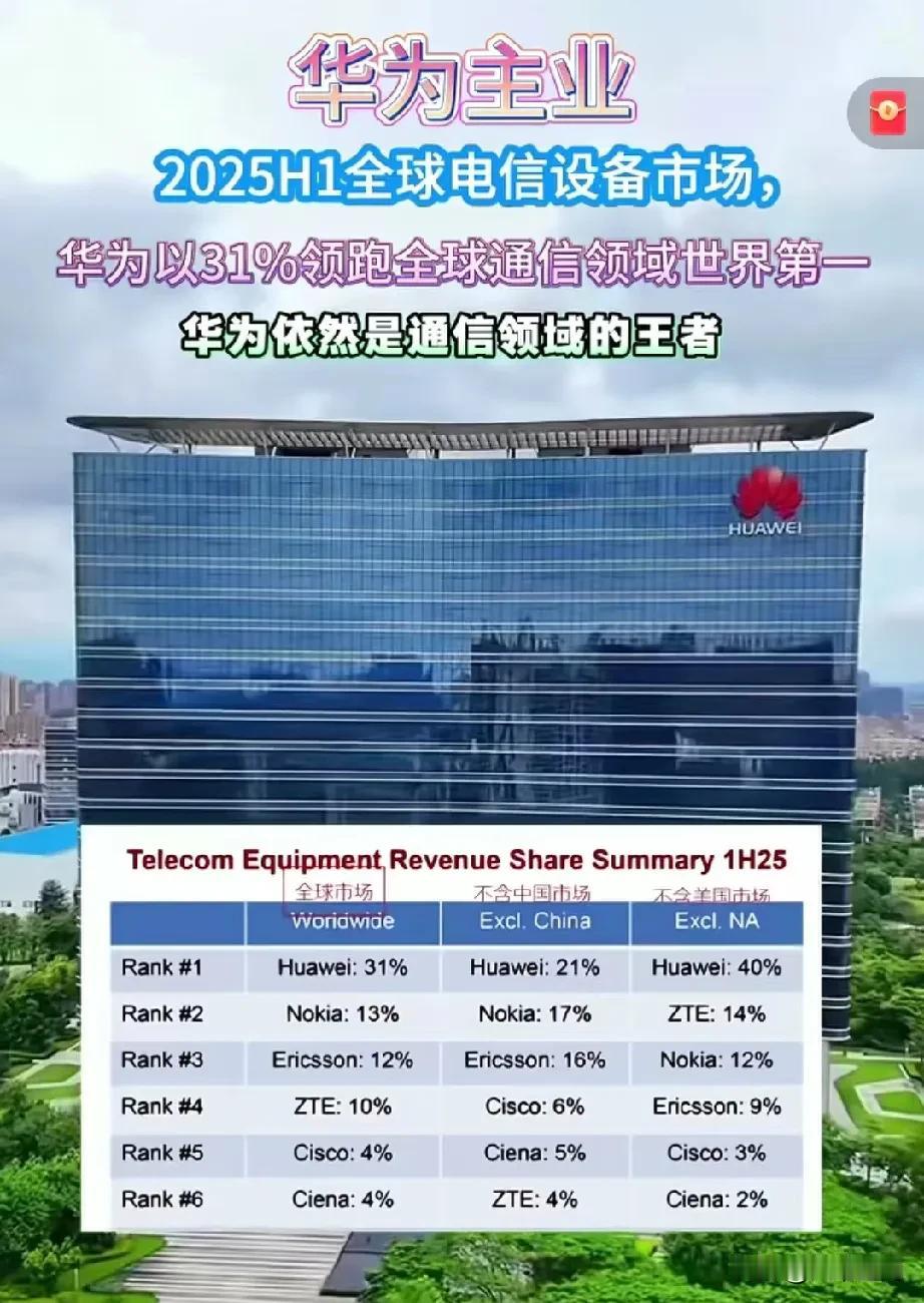这才是华为的主业，依然牢牢占据世界第一，2025年上半年，全球通信设备市场份额，