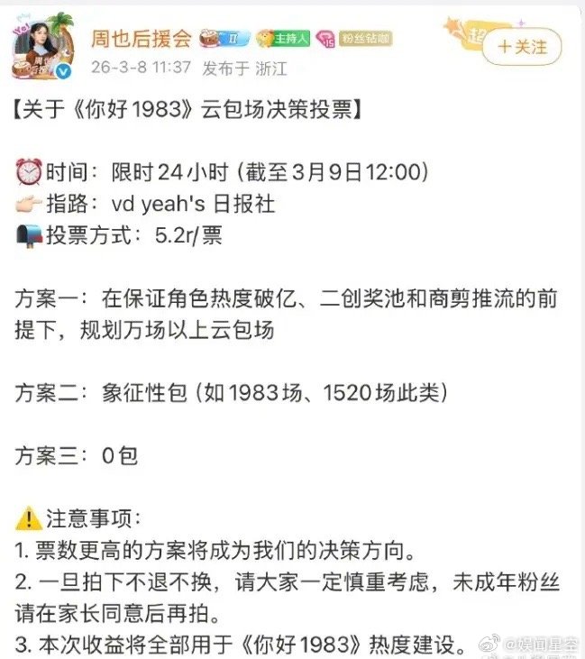 周也粉丝发起云包场决策投票！周也新剧《你好1983》即将爱奇艺定档，但是粉丝后援