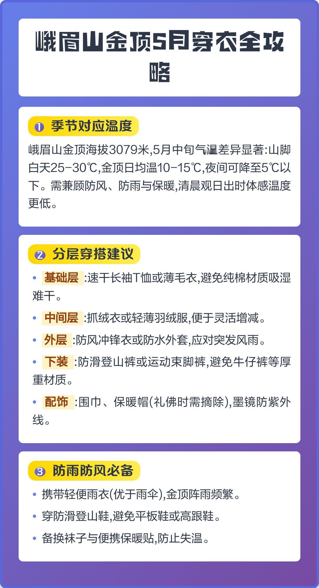 峨眉山金顶5月穿衣全攻略

🌤️ 金顶风光无限好，你的5月穿搭清单备齐了吗？评