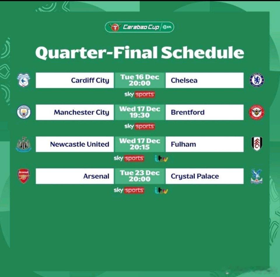日前，英联杯官方公布了1/4决赛具体的比赛时间和赛程安排，阿森纳vs水晶宫的比赛