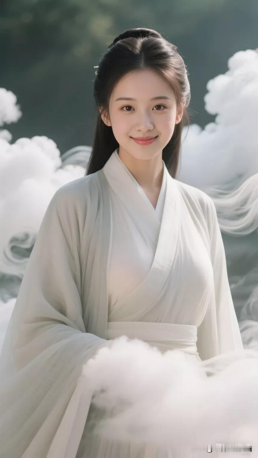 仙气飘飘的汉服少女，云雾缭绕中宛如天人张立启原创书画AI作品古仕女发髻服饰集锦首
