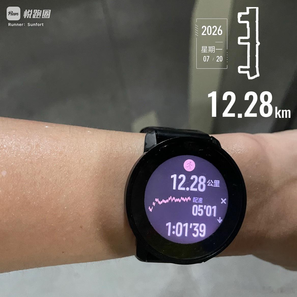 跑步 跑步一小时。04:16开跑，25°C，体感27°C，相对湿度93％，跑好，