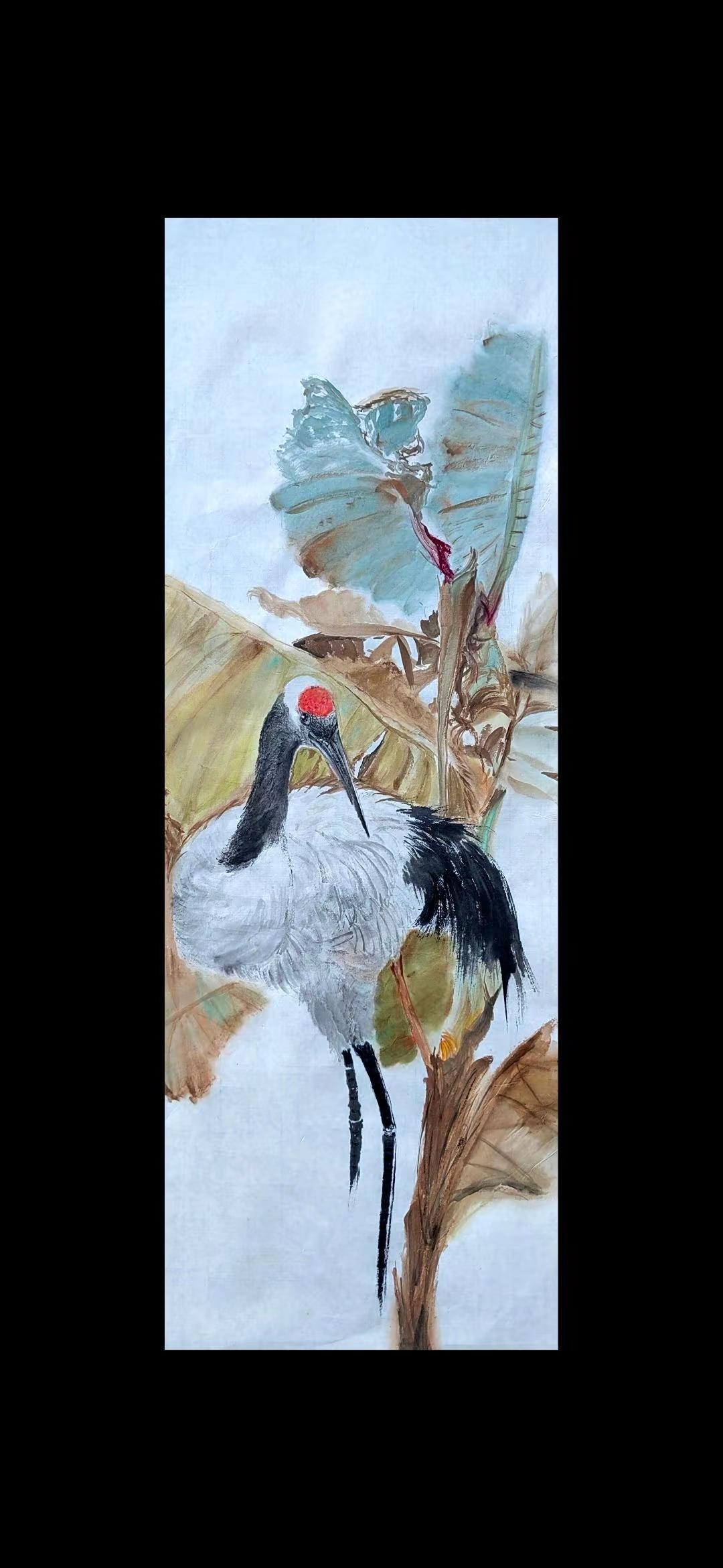 丹顶鹤•芭蕉叶。写意花鸟