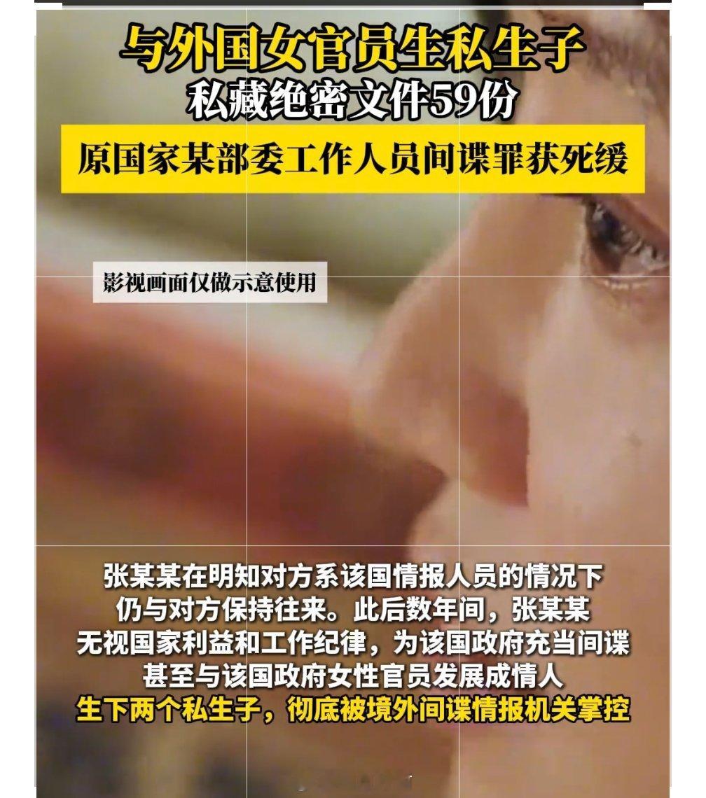 原国家部委工作人员张某某因间谍罪等判处死缓，与外国政府女官员成情人，生下2个私生